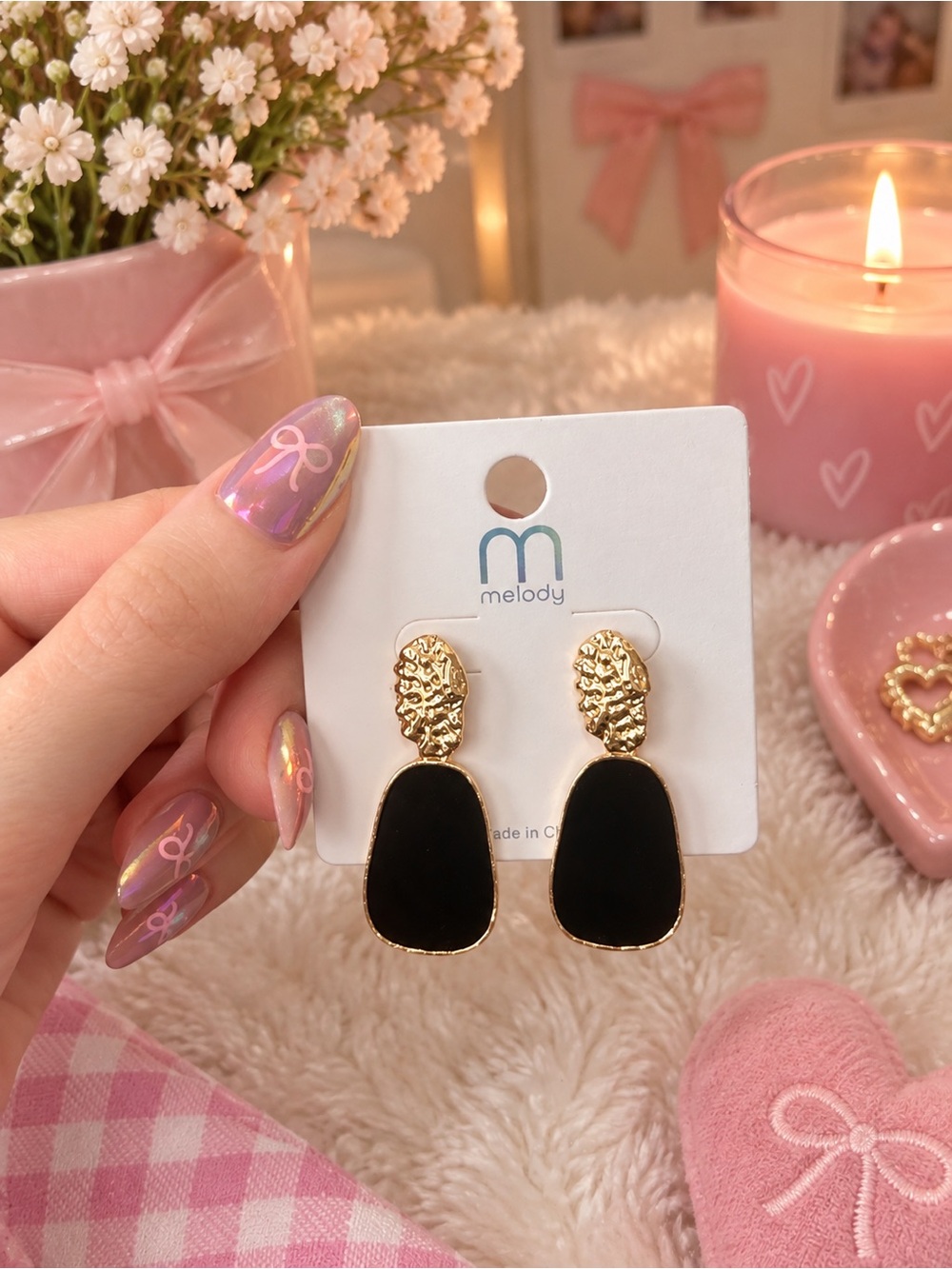 Black stone and gold earrings